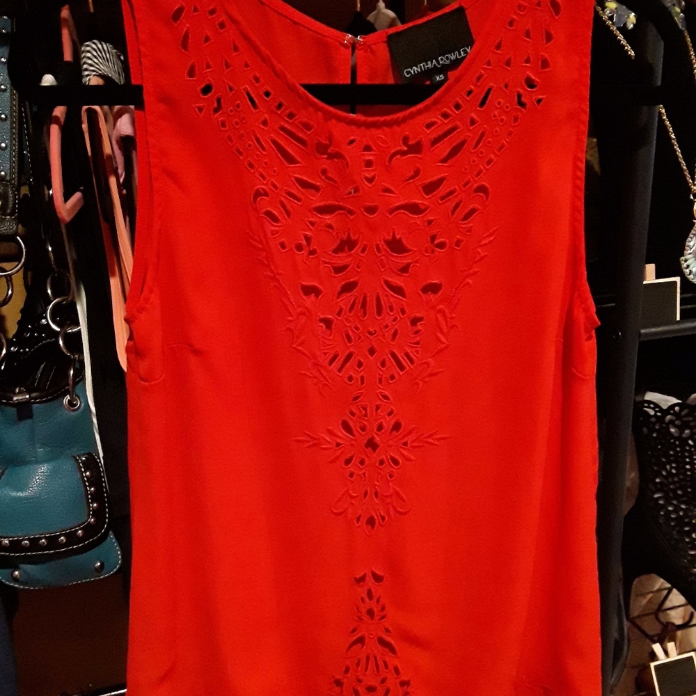 Sleeveless, Roundneck, Red Eyelet Pattern Blouse